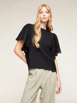 T-shirt Bimaterica Con Inserti In Sangallo