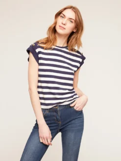 T-shirt Navy A Righe Con Motivo Bottoni